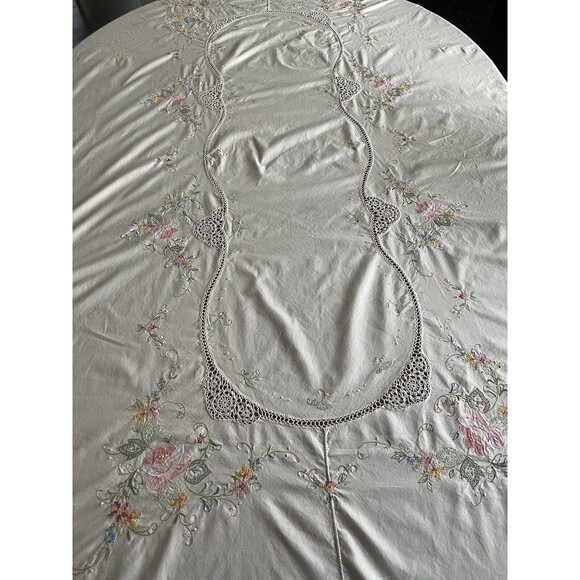 Handmade Other - TABLECLOTH HAND EMBROIDERED, SCALLOPED, CROCHETED, GRANNY CORE COTTAGE CORE